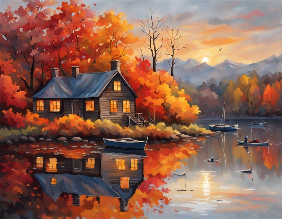Rustic Autumn Cottage by Misty Waterfront at Sunset