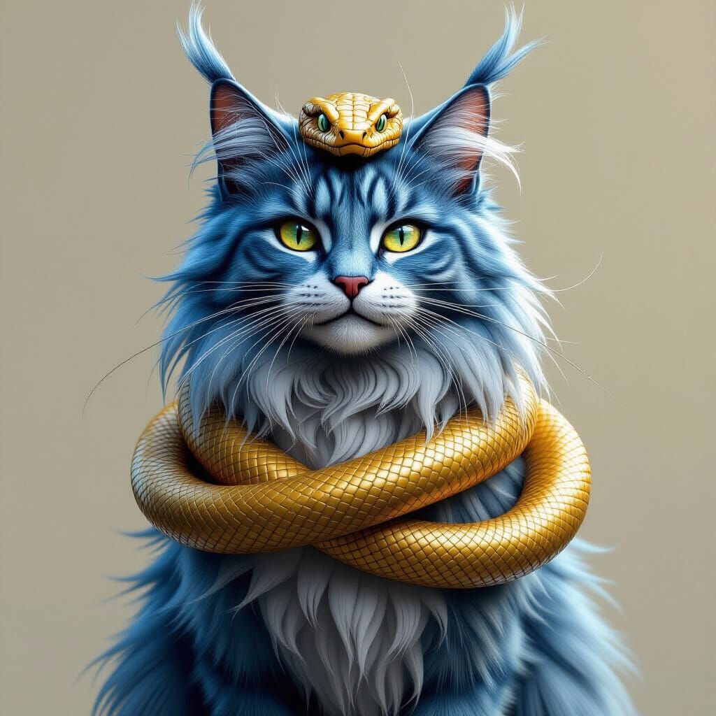 Majestic Blue Maine Coon With Golden Snake Above