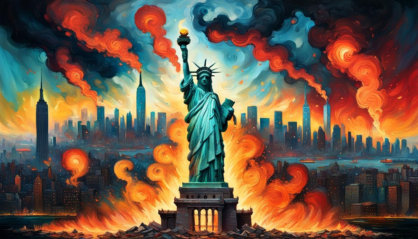 Statue of Liberty Emerges in Apocalyptic Neo-Impressionism