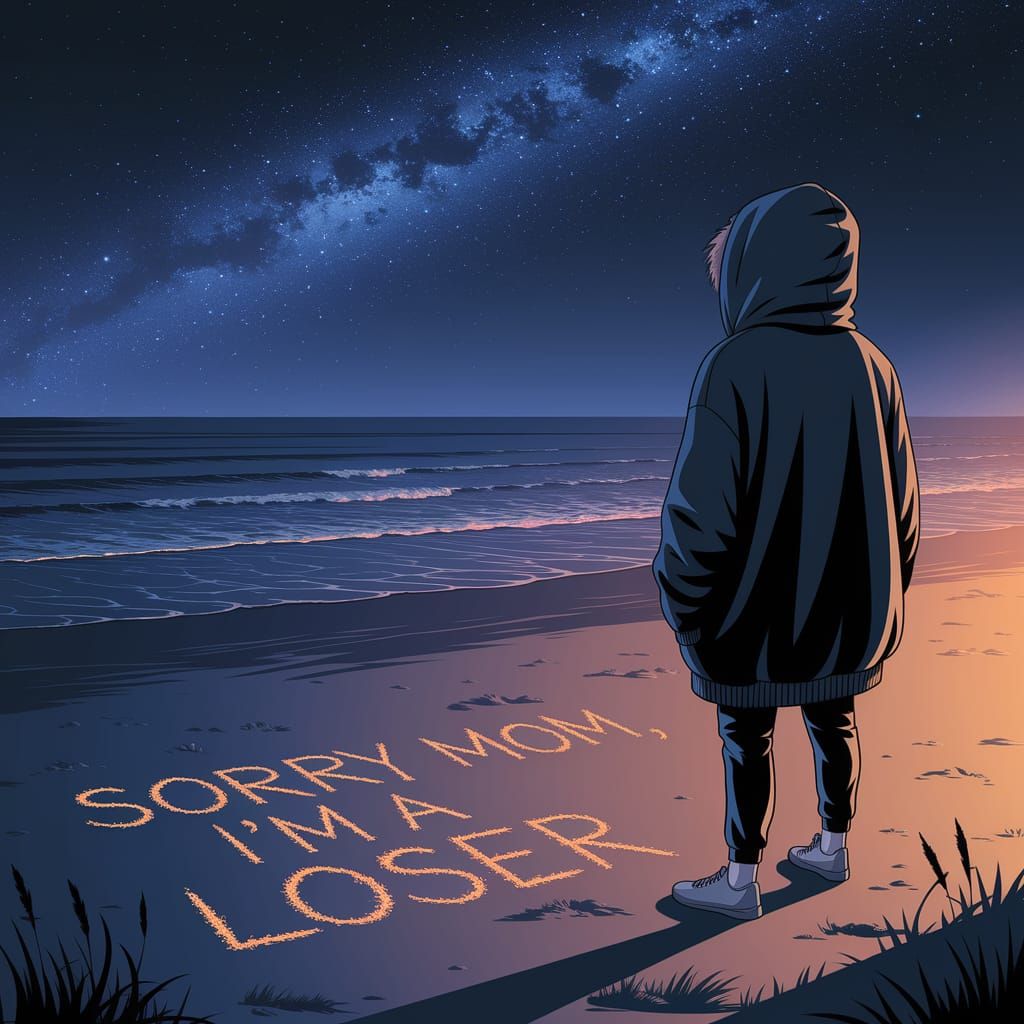 Hooded Figure Under Starlit Sky with Beach Inscription