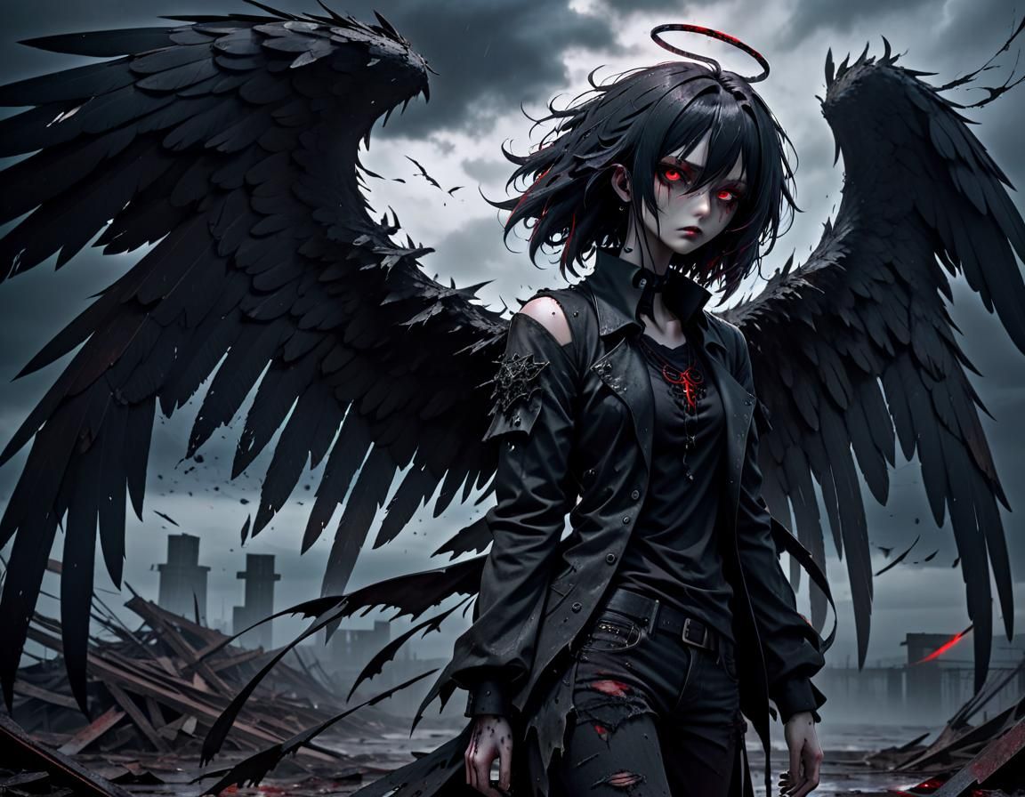 Gothic Fallen Angel in Post-Apocalyptic Anime Style