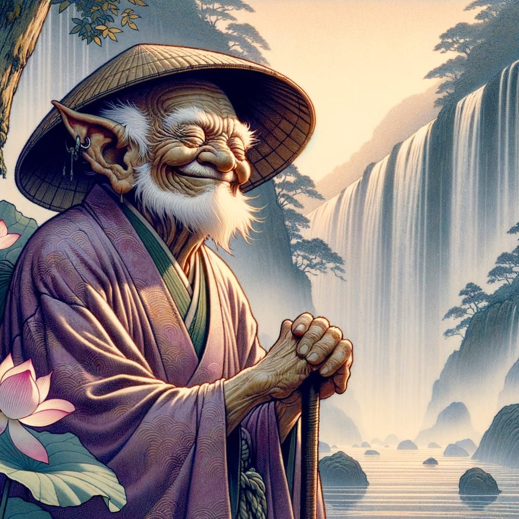 Ukiyo-e Goblin at Waterfall in Dreamy Mist