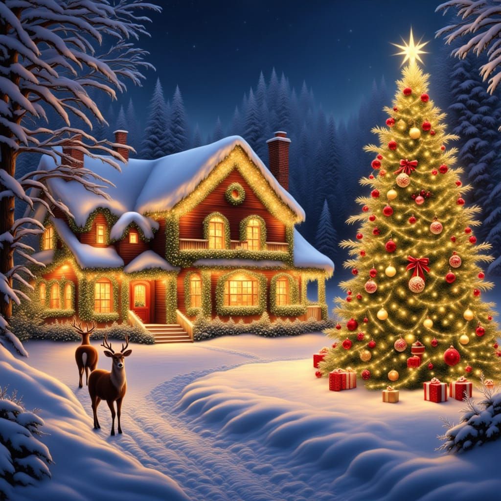 Country cabin adorned with brilliant golden Christmas lights...