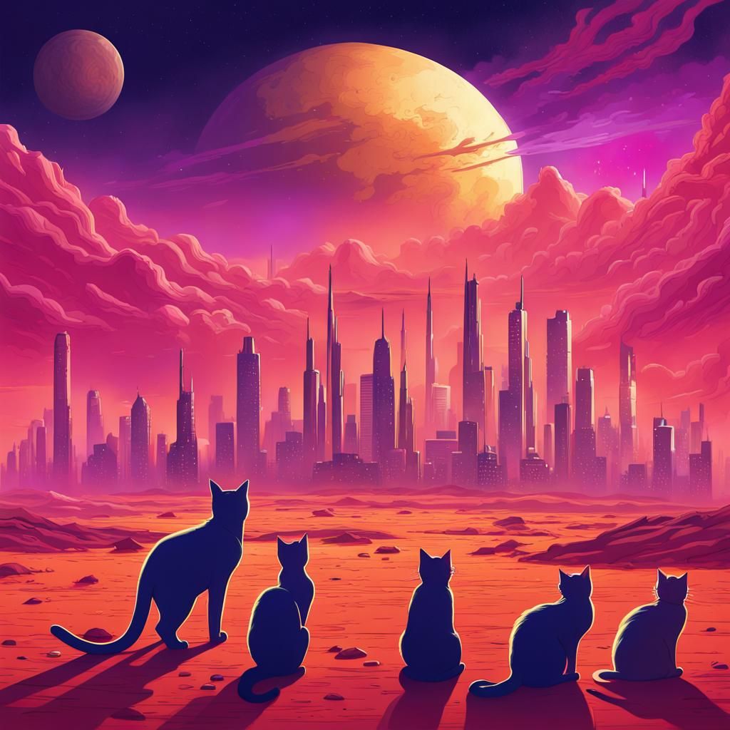 Martian Cityscape with Cats in Anime Style