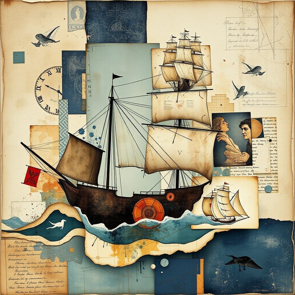 Ethereal Sailor Collage in Whimsical Abstraction