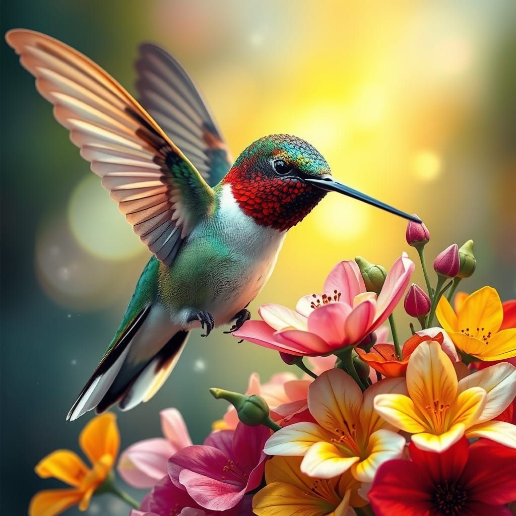 Hyper-Realistic Hummingbird Portrait in Vibrant Bloom