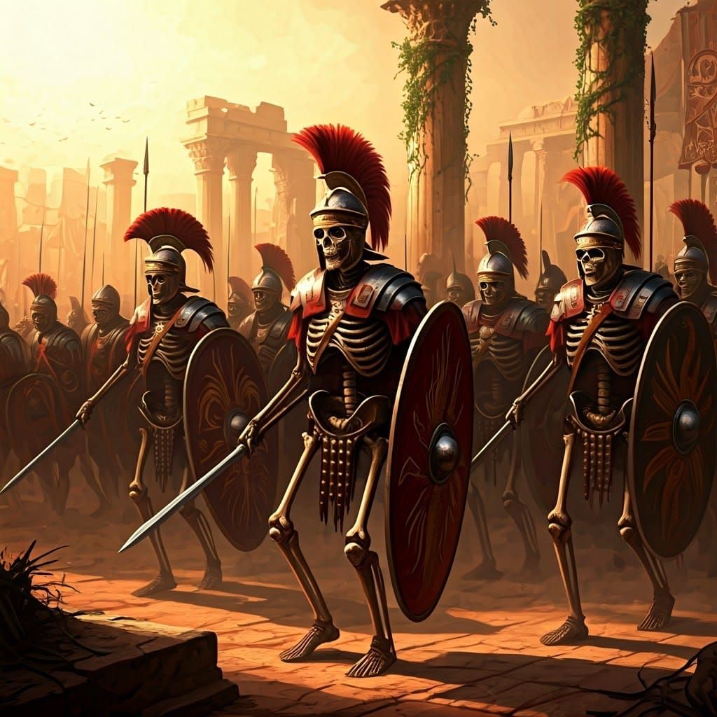 Skeletal Warriors March in Ancient Roman Formation
