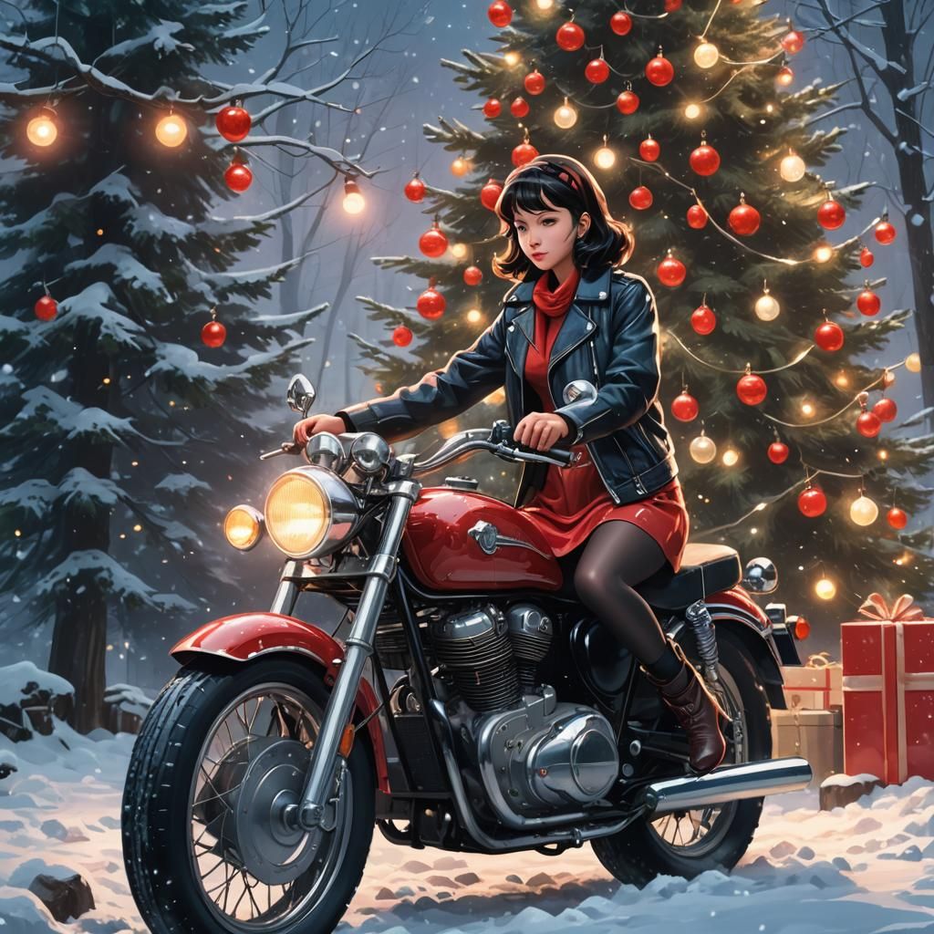 Rockabilly Christmas: Anime Girl Decorates Motorcycle