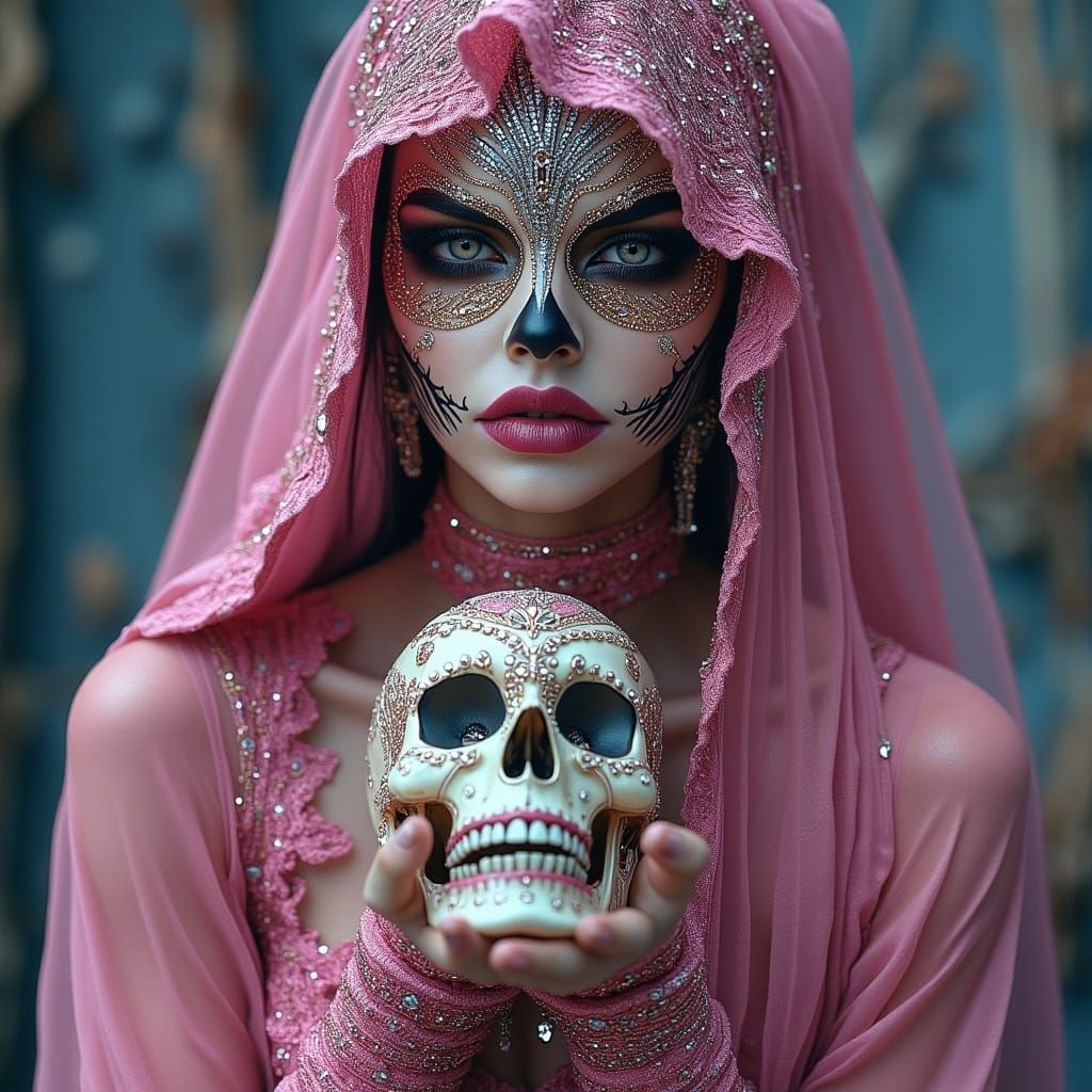Enigmatic Woman in Pink Gown Holds Shimmering Opal Skull