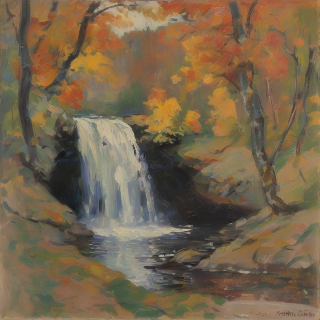 Serene Autumn Waterfalls in Impressionist Style