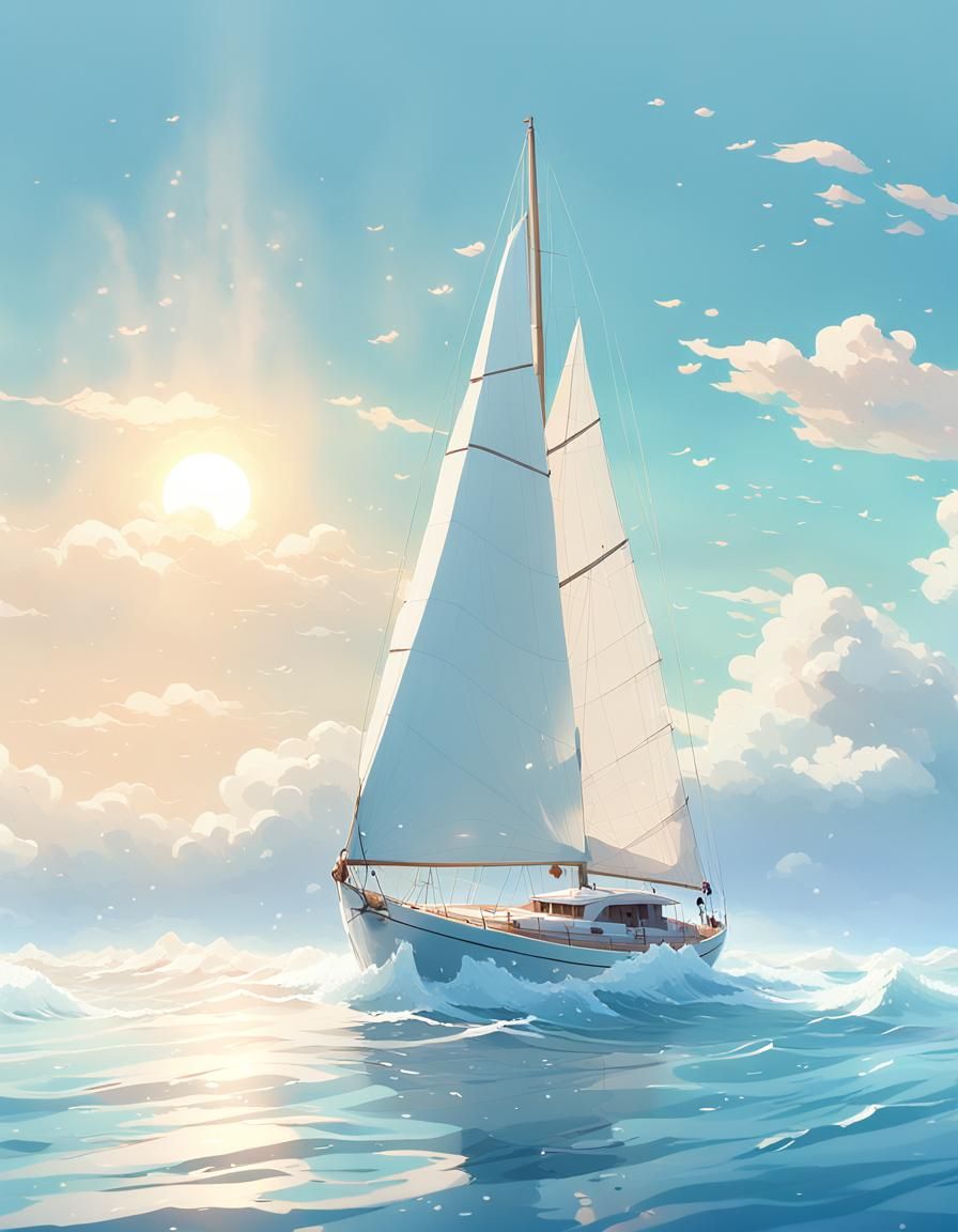Anime Sailboat on Light Blue Sea in 3D
