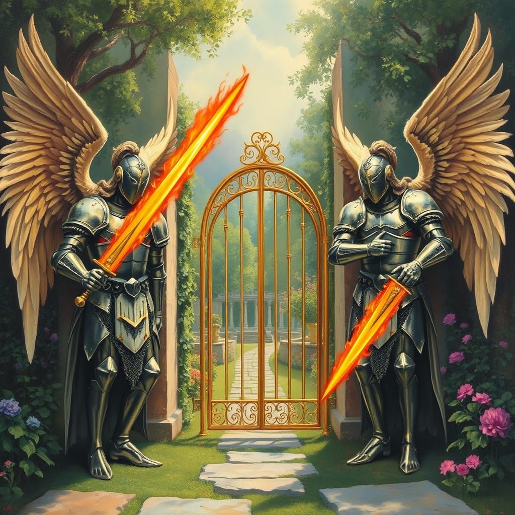 Surreal Angels Guard Golden Gate in Lush Garden, Oil Paintin...