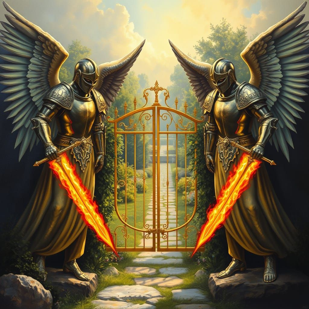 Angels Guarding a Golden Gate in a Lush Garden