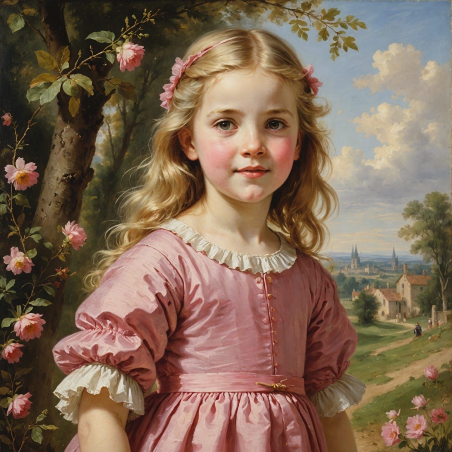 Cheerful Girl in Pink Dress in Field, Impressionist Style