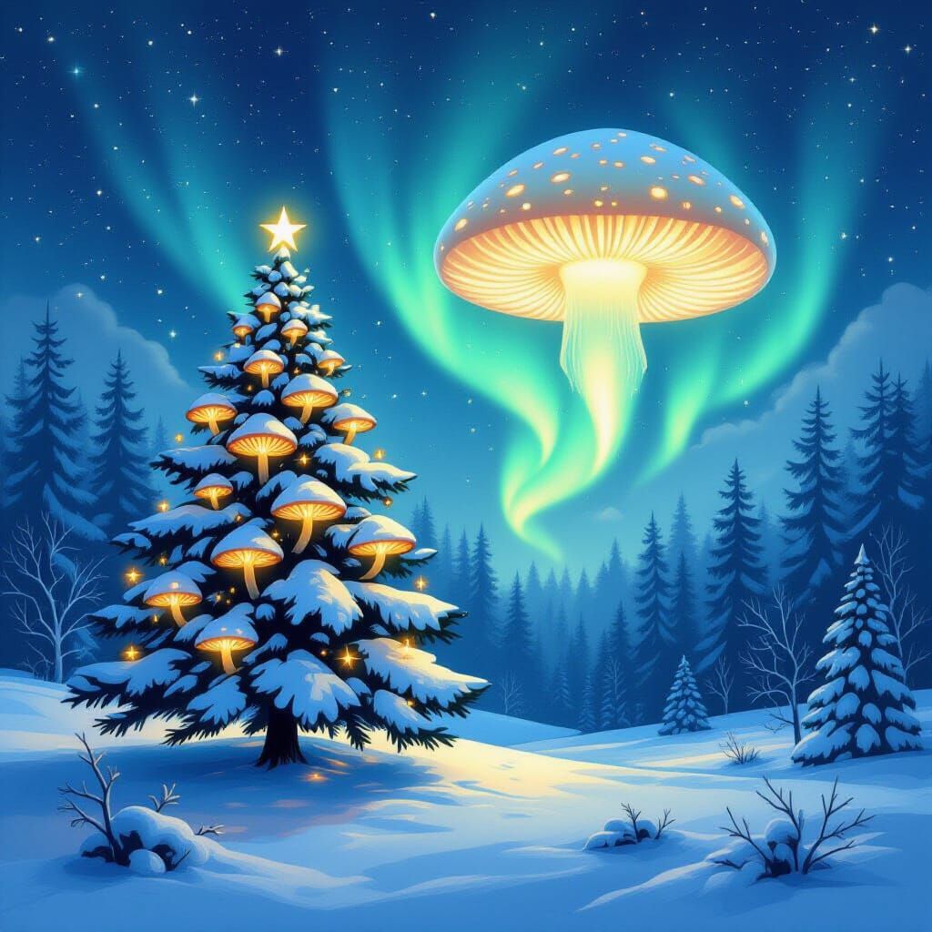 Enchanted Christmas Forest with Mushroom Aurora