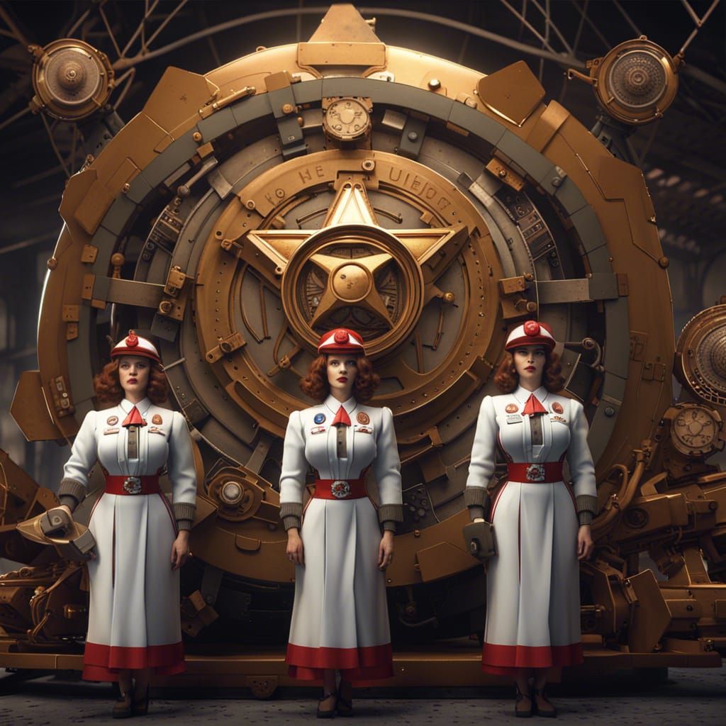 Robots Admire WWII Figures: Detailed Matte Painting