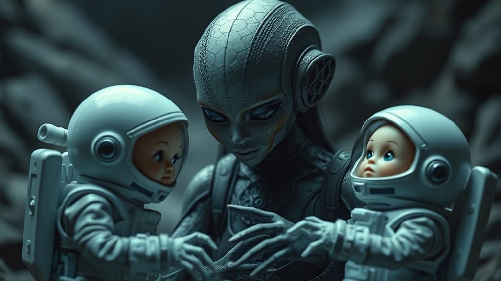Alien Girl Plays with Astronaut Dolls in a Moody Atmosphere