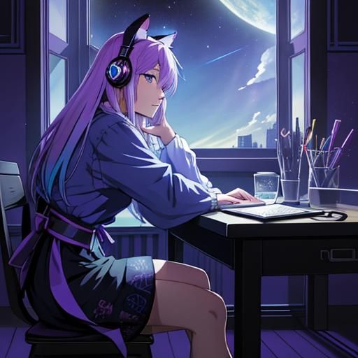 Anime Girl Studying Under Comet in Pastel Colors