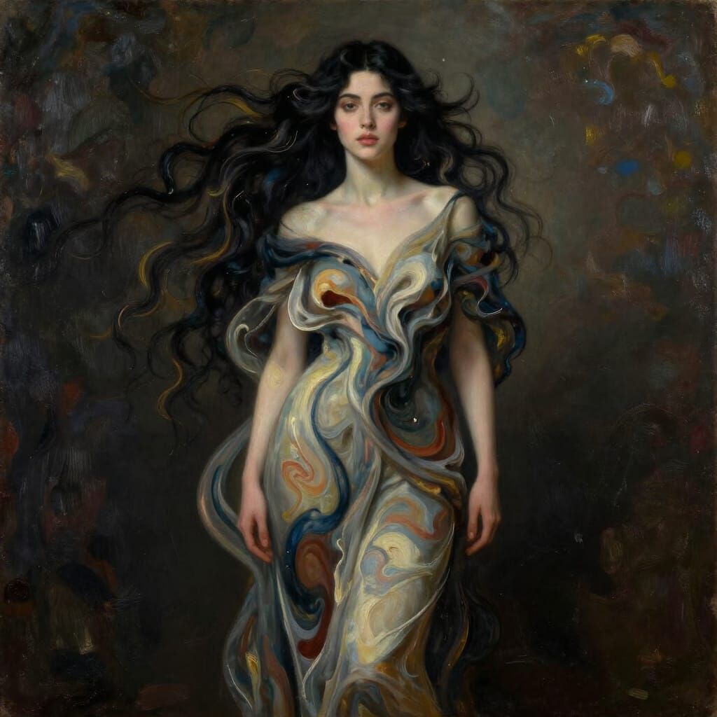 Striking Woman with Abstract Hair in Melancholic Oil Paintin...