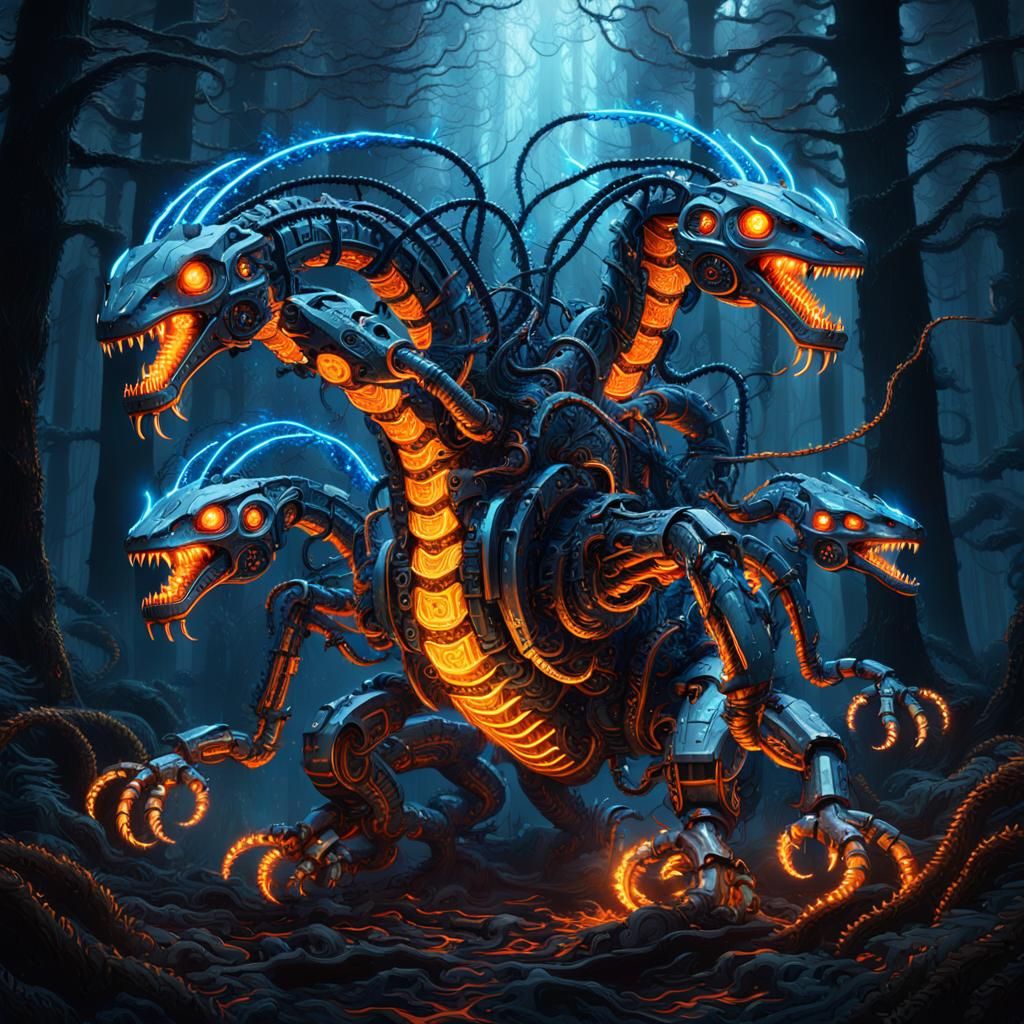 Surreal, Cyberpunk Fantasy Robot Hydra Rises from Dark Mysti...