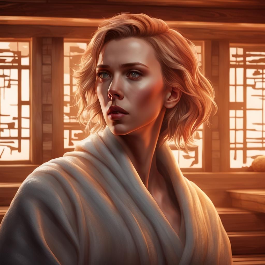 Hyperrealistic Portrait in a Sauna, Digital Art