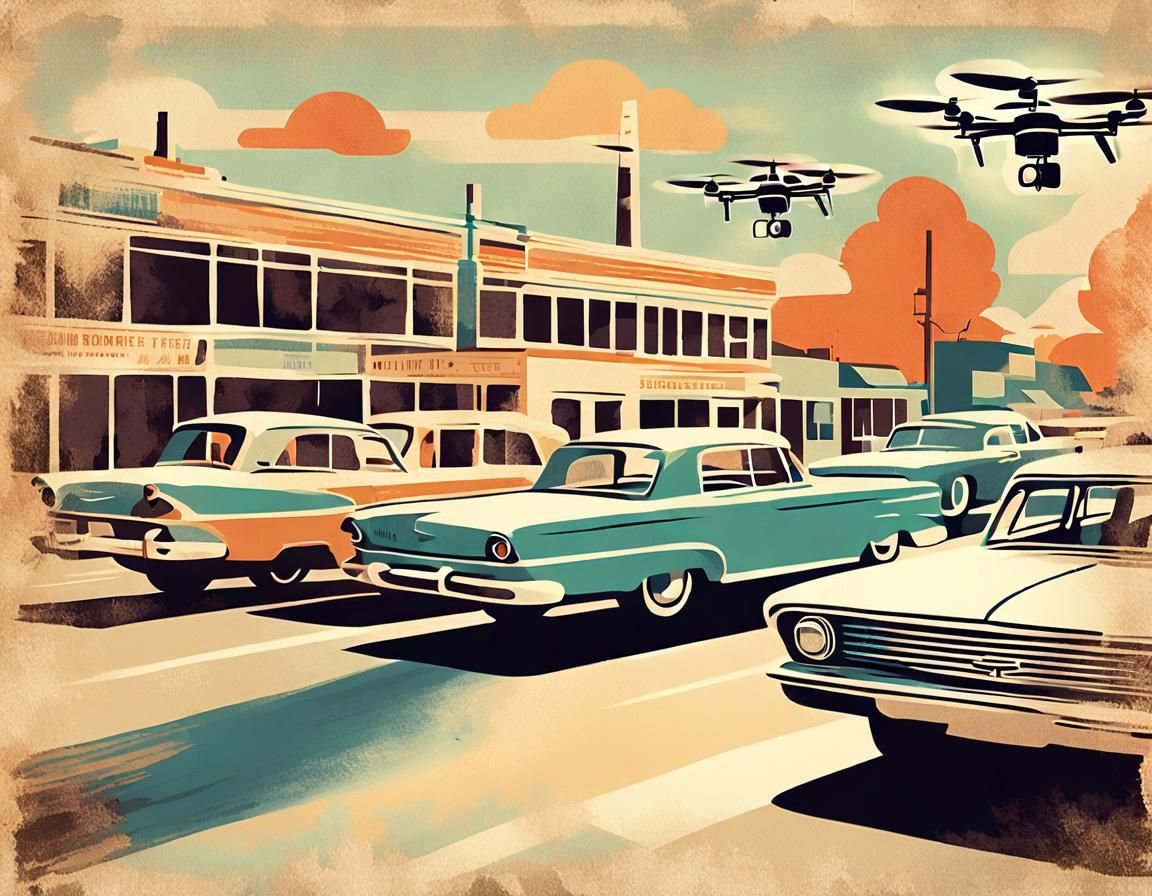 Drone Over Vintage Town: Retro-Futuristic Digital Art