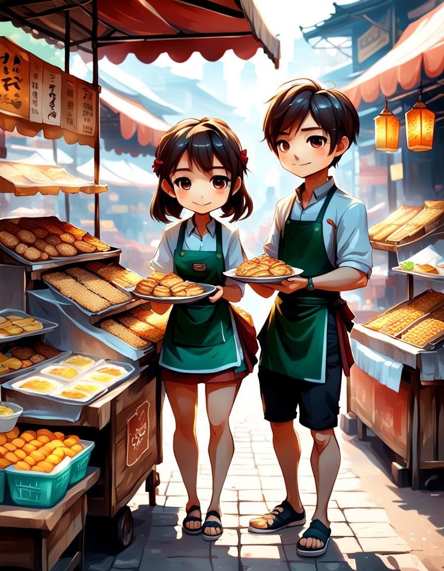 Chibi Hawker Scene: Boy and Girl at Food Stall