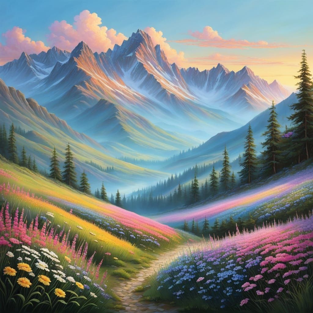 Medieval Dawn Over Misty Mountain Valley in Pastel