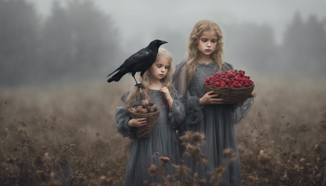 Gothic Portrait of Sisters in Misty Field