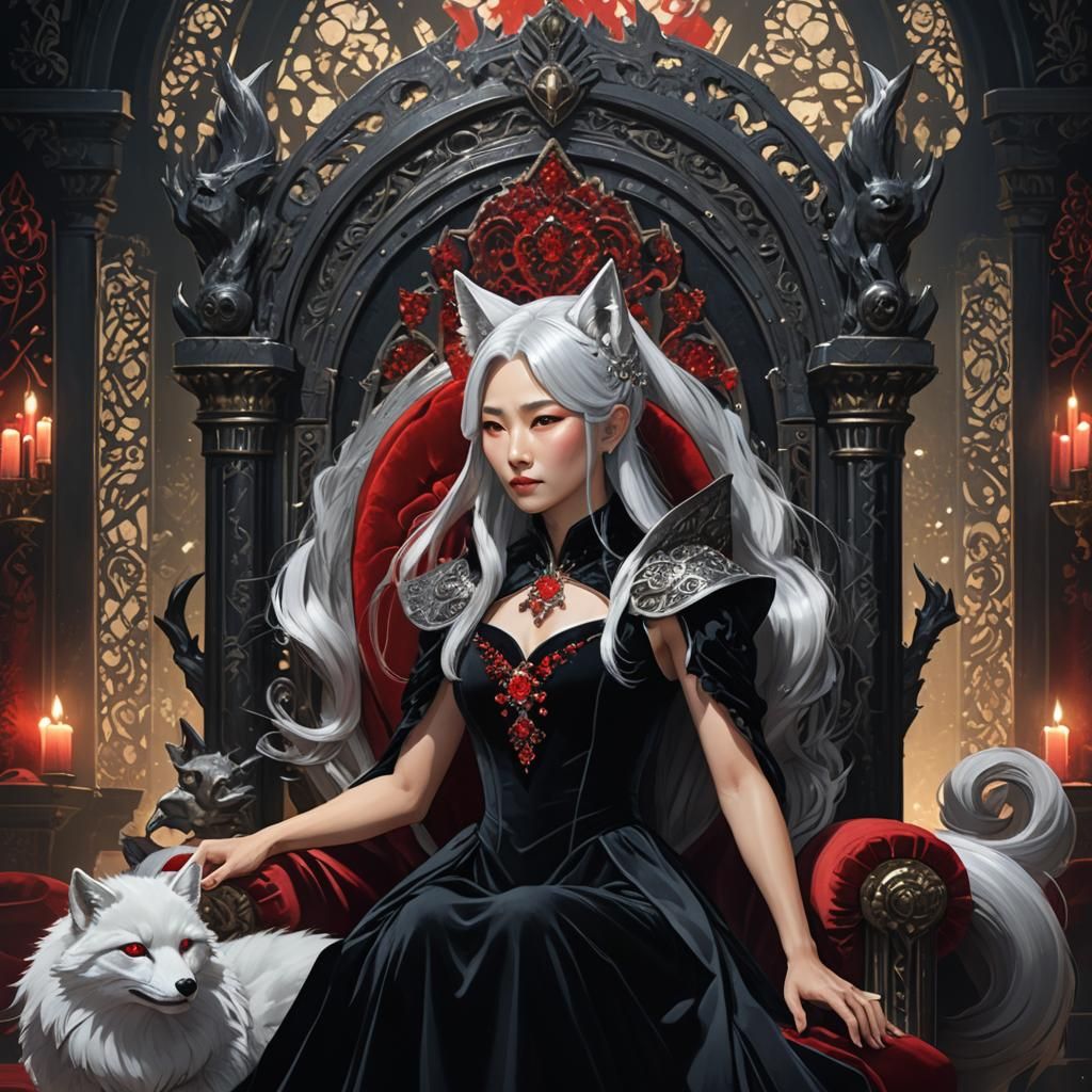 Korean Vampire Queen with Fox Ears in Gothic Chamber
