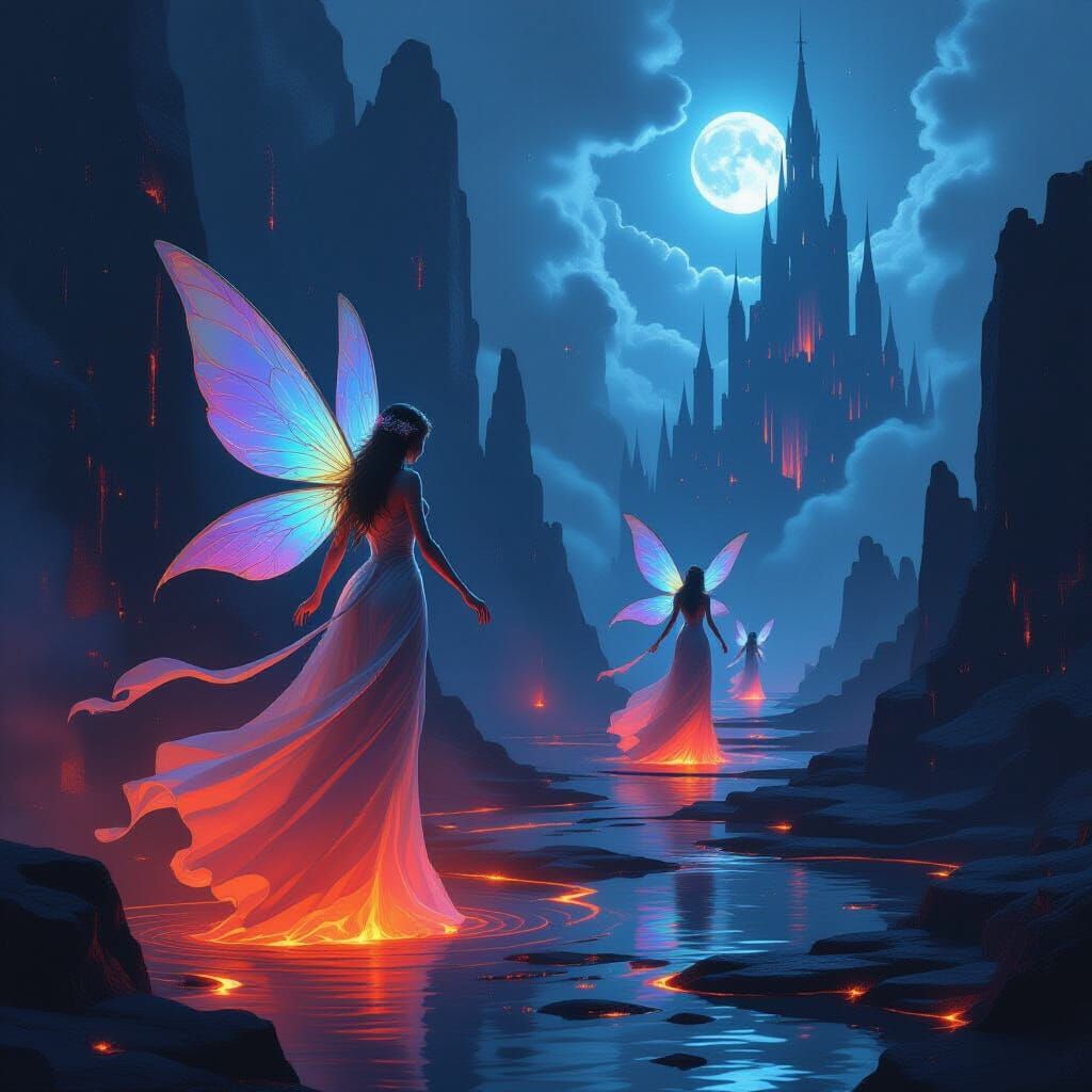 Iridescent Fairies in Dark Fantasy Landscape