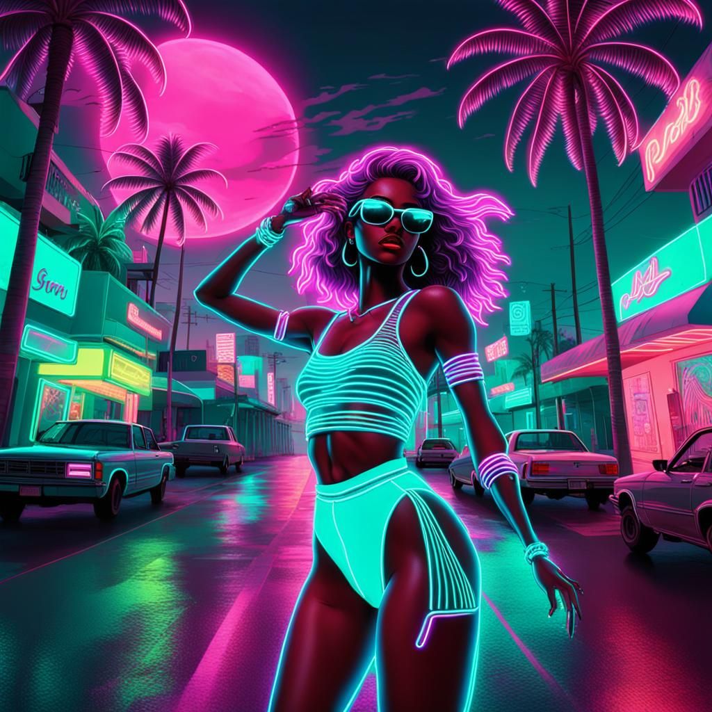 Neon Vaporwave Miami Street Scene with Dancing Girl