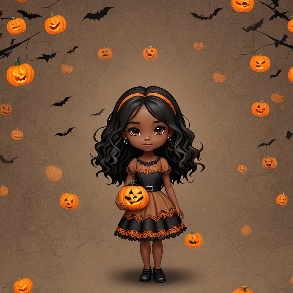Cute Chibi Girl with Jack-o'-Lantern in 3D Style