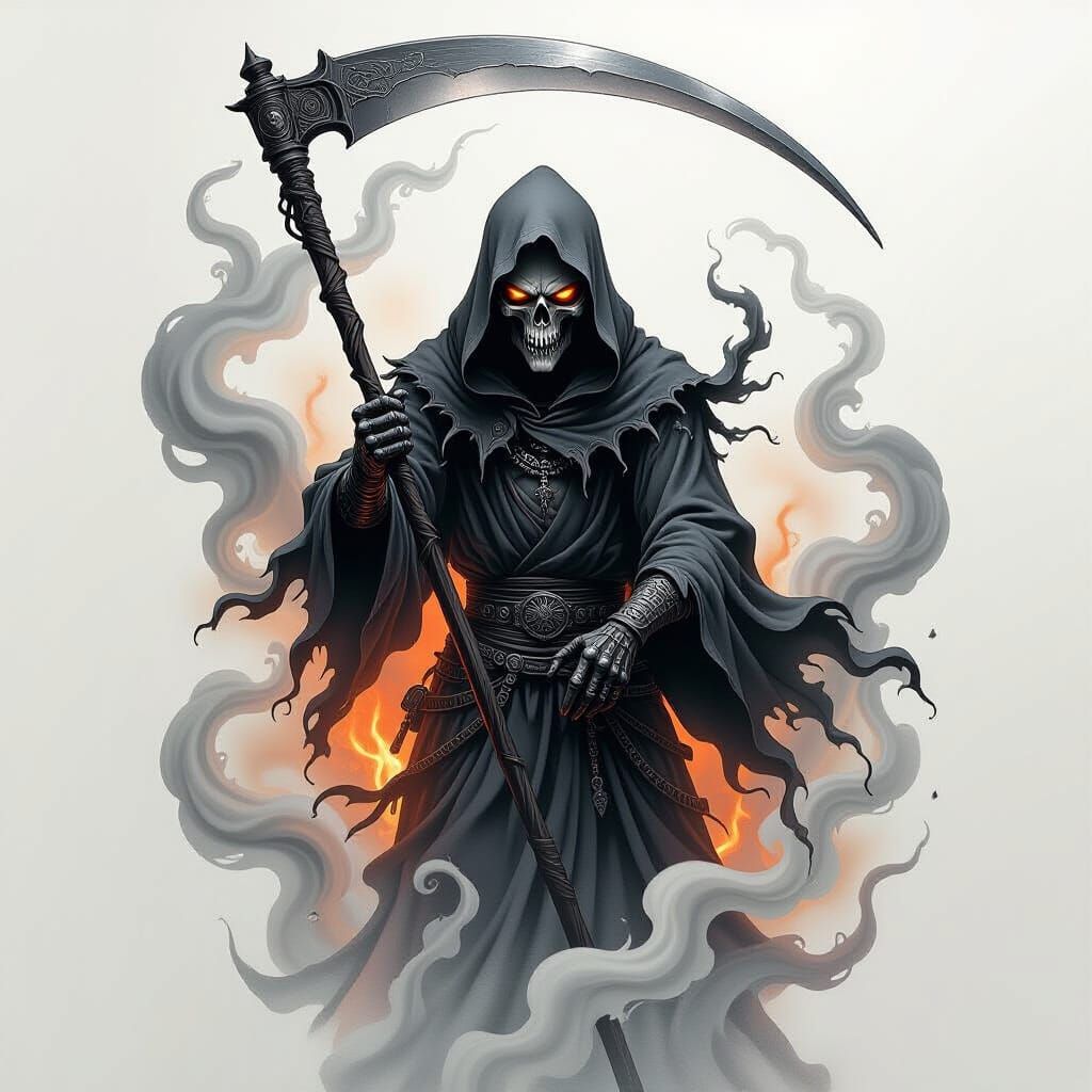 Grim Reaper Tattoo Art in Black and Grey Realism