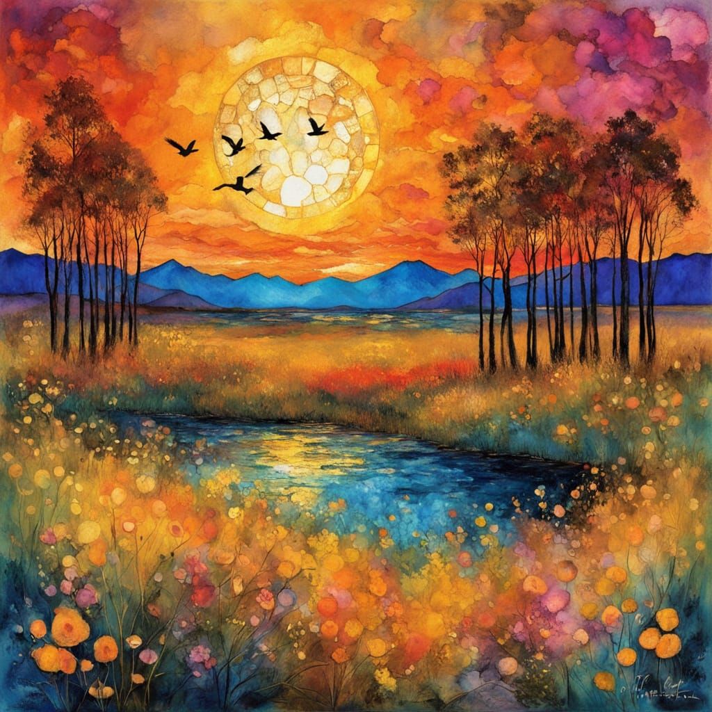 Fluffy Birds in Vibrant Alcohol Ink Landscape