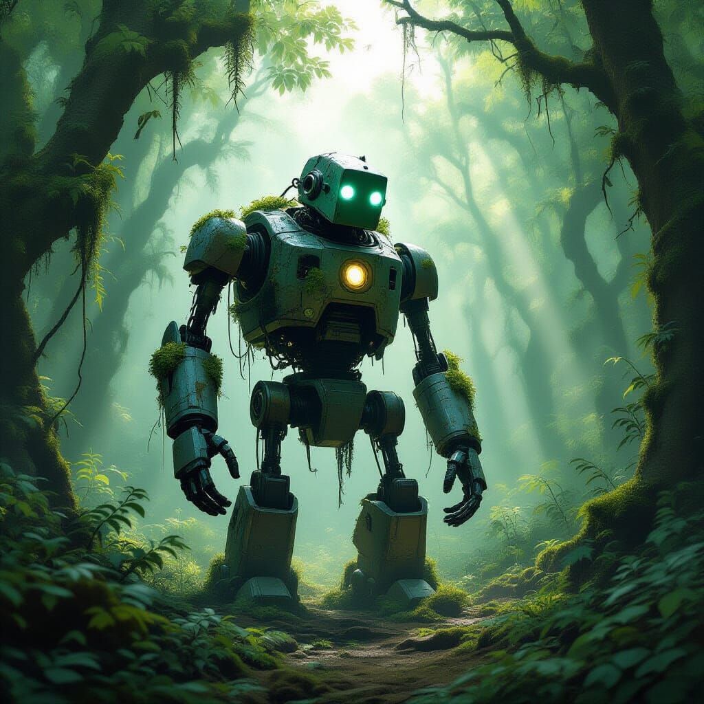 Ancient Robot in Overgrown Forest Clearing, Painterly Style