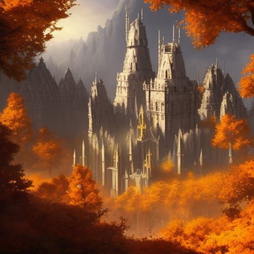Gothic Elf City Overlooks Autumnal Forest