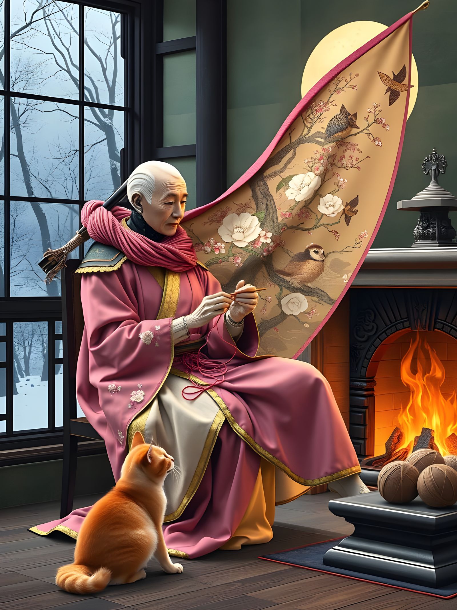 Steampunk Samurai Robot Knits Scarf on Ancient Scroll