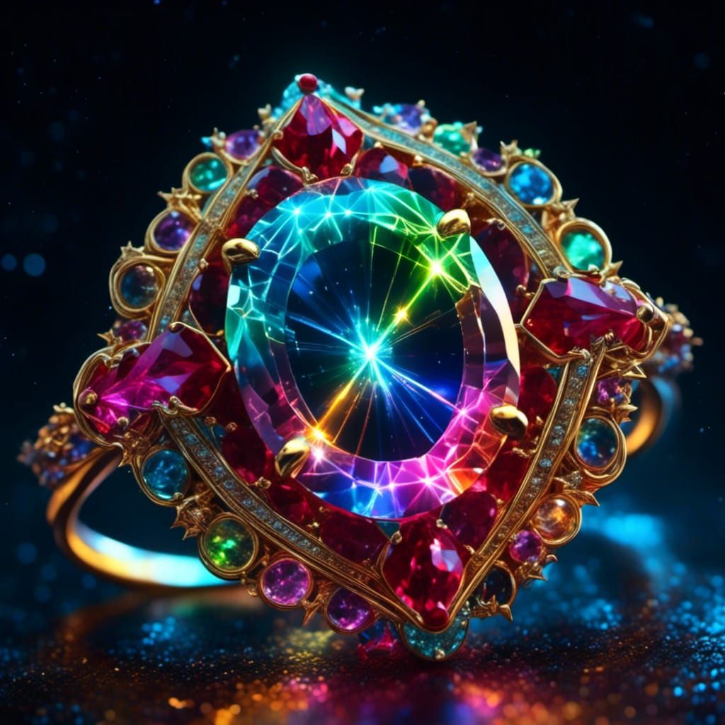 Rainbow Cross Ring with Golden Band in Hyperreal Style