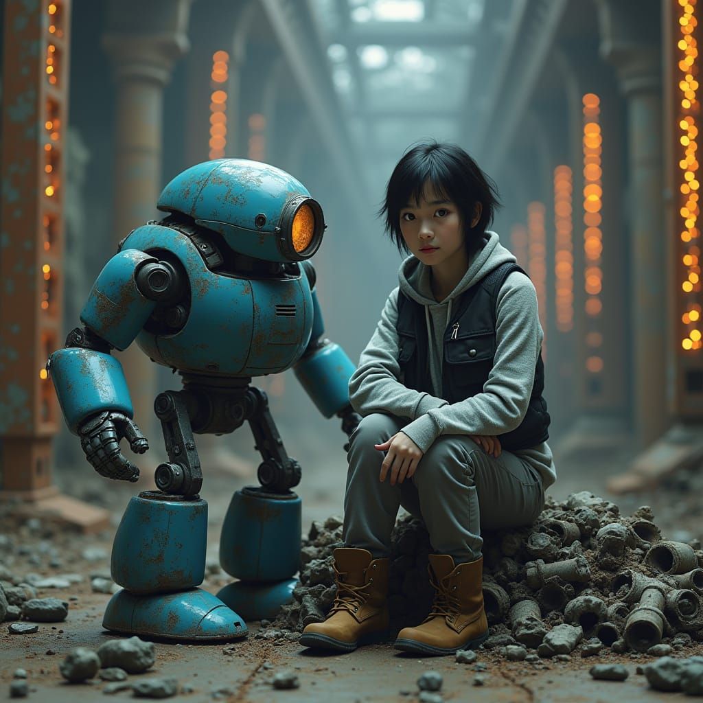 Girl on Robot Pile in Industrial Cyberpunk Style