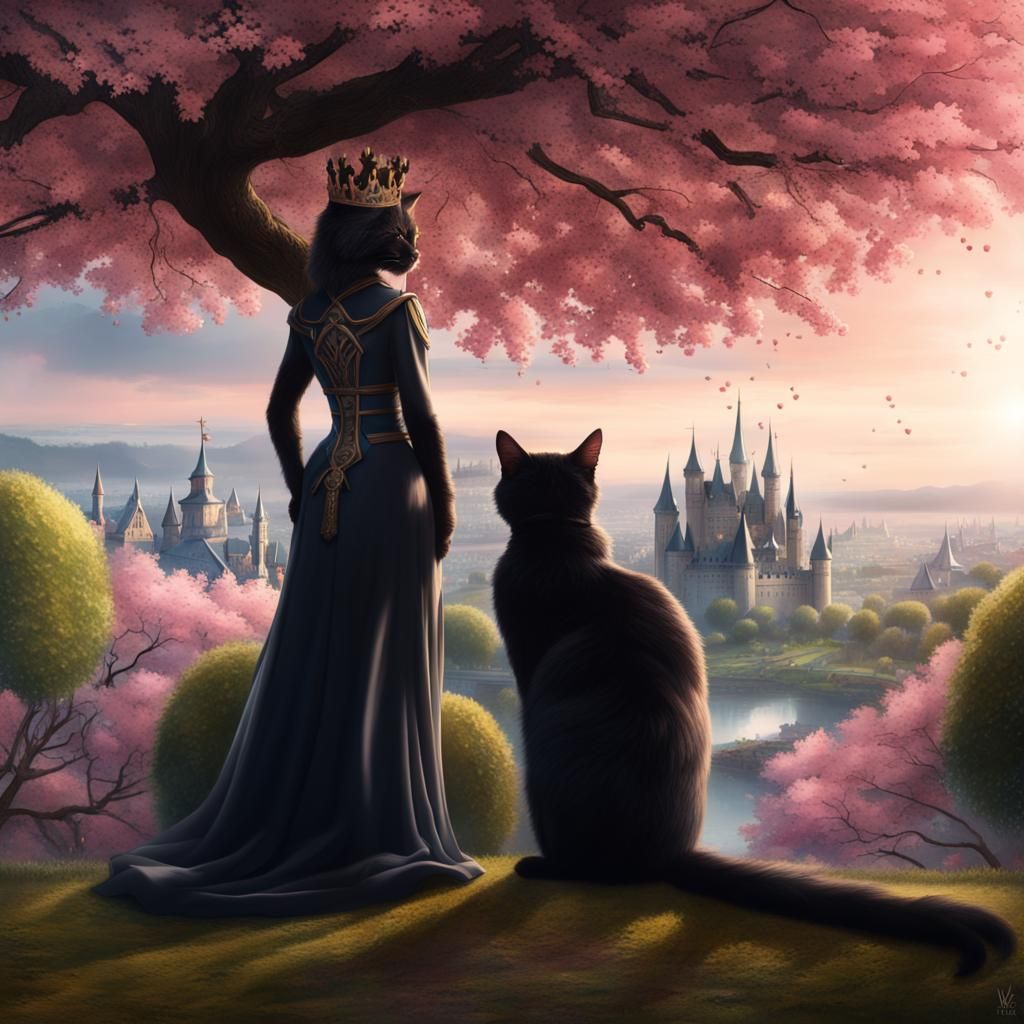 Black Cat Royalty Over Cherry Blossom Kingdom