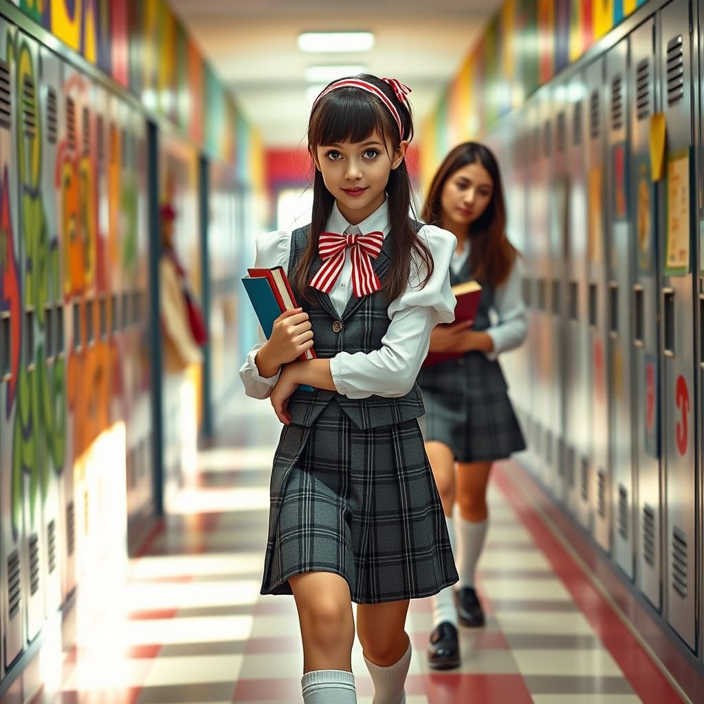 French Schoolgirl in Vintage-Inspired Attire, Caught in a Mo...