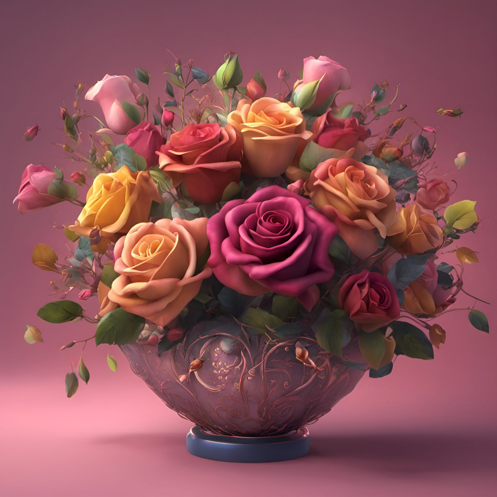 Colorful Rose Bouquet for Birthday, Detailed Matte Painting