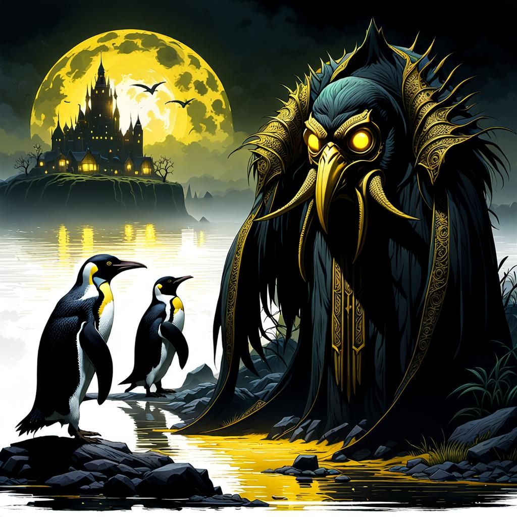 Penguins Confront Hastur in Dark Lakeside Fantasy