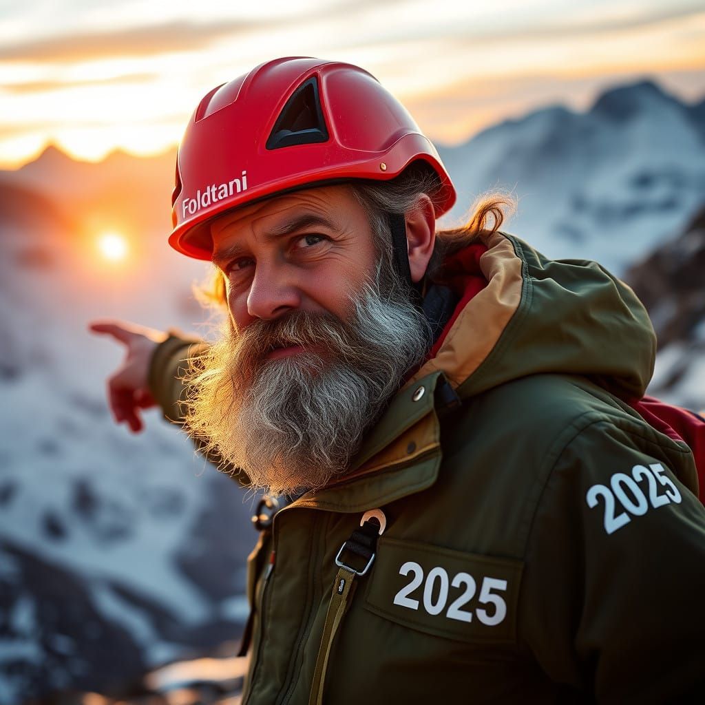 Weathered Geologist Amidst Snow-Capped Peaks at Dawn