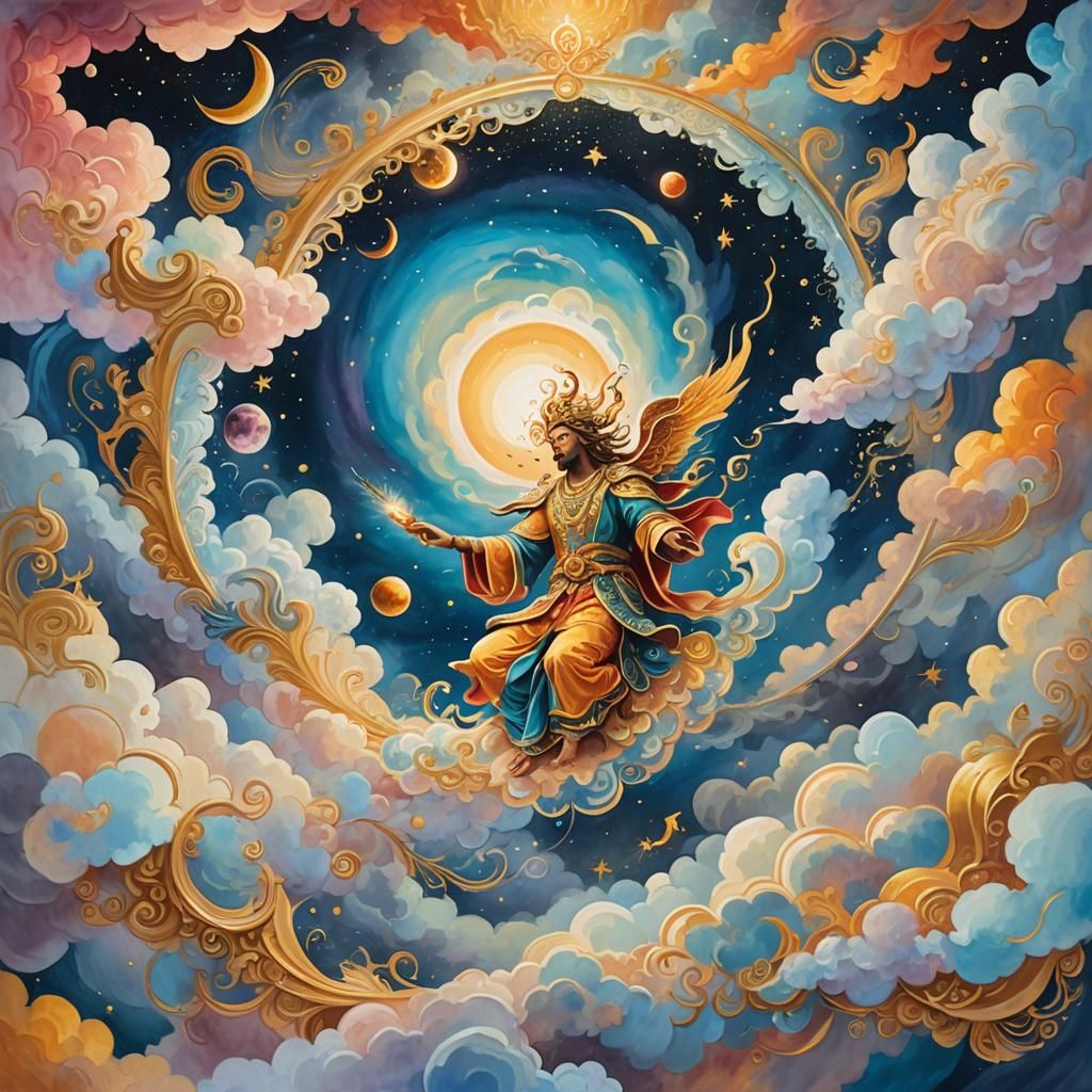 Benevolent Deity Creates World: Gouache Painting