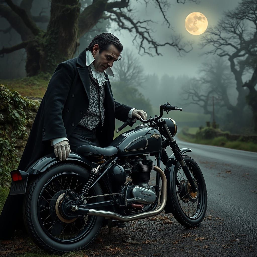 Vampire Count Dracula, Mysterious Motorcycle Repair at Dusk