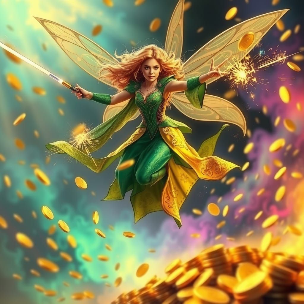 Dynamic Fairy Conjuring Gold in Sci-Fi Fantasy Style