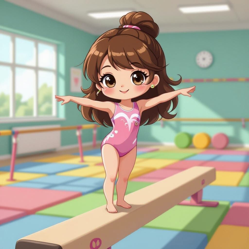 Gymnast on Beam in Kawaii Style