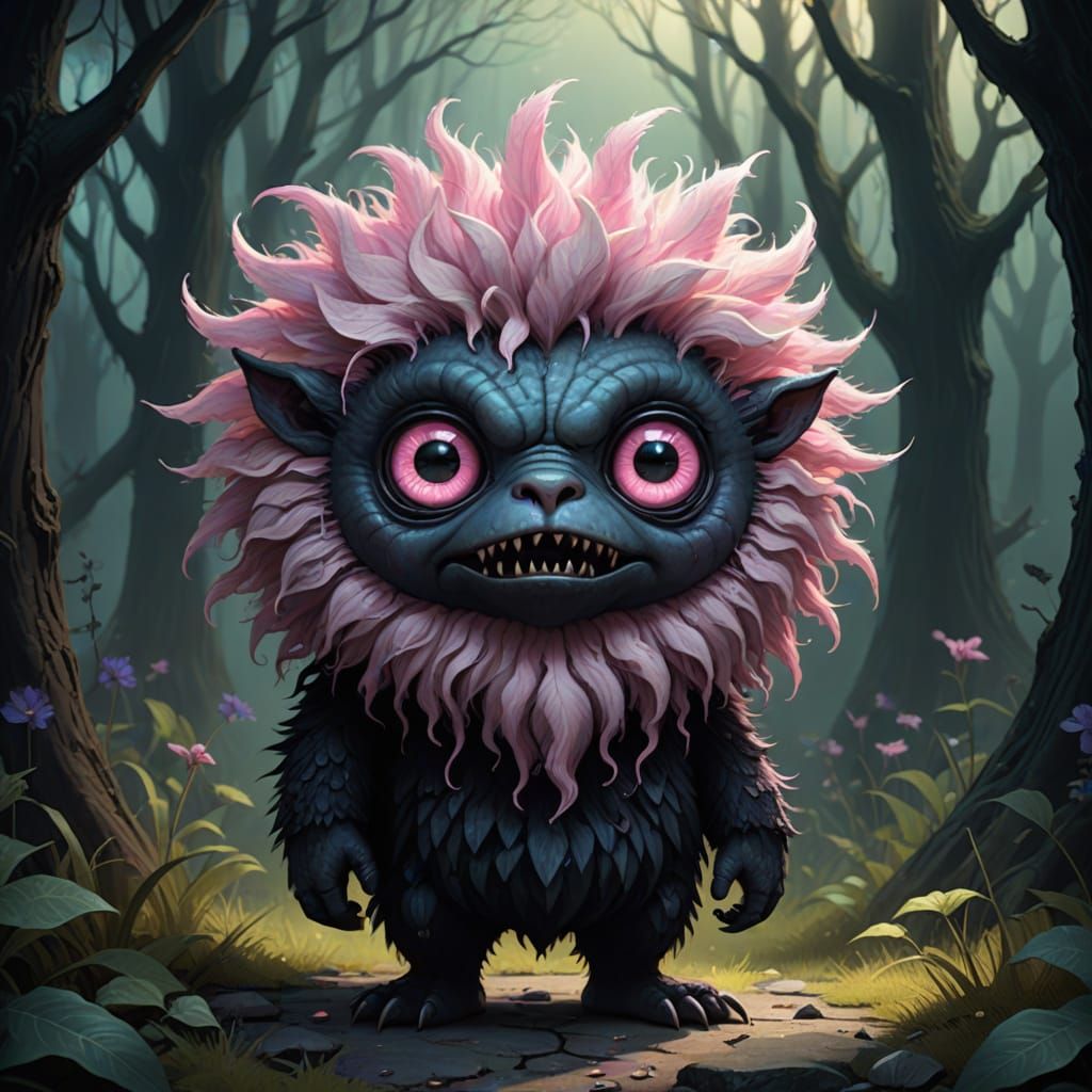Cute Creepy Monster with Fluffy Pink Fur and Huge Eyes